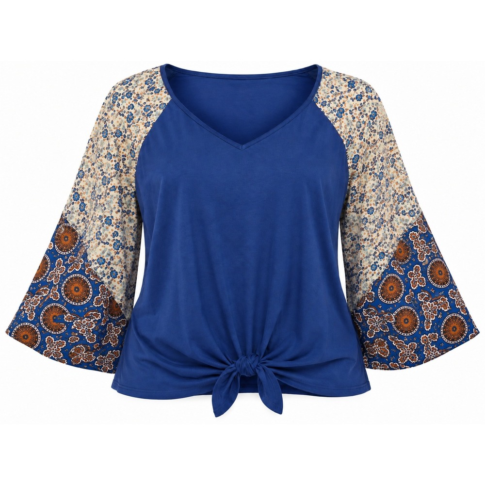 Blue Floral Raglan Sleeve Plus Size Blouse Boho Chic 70s Retro Peasant Top 1X
